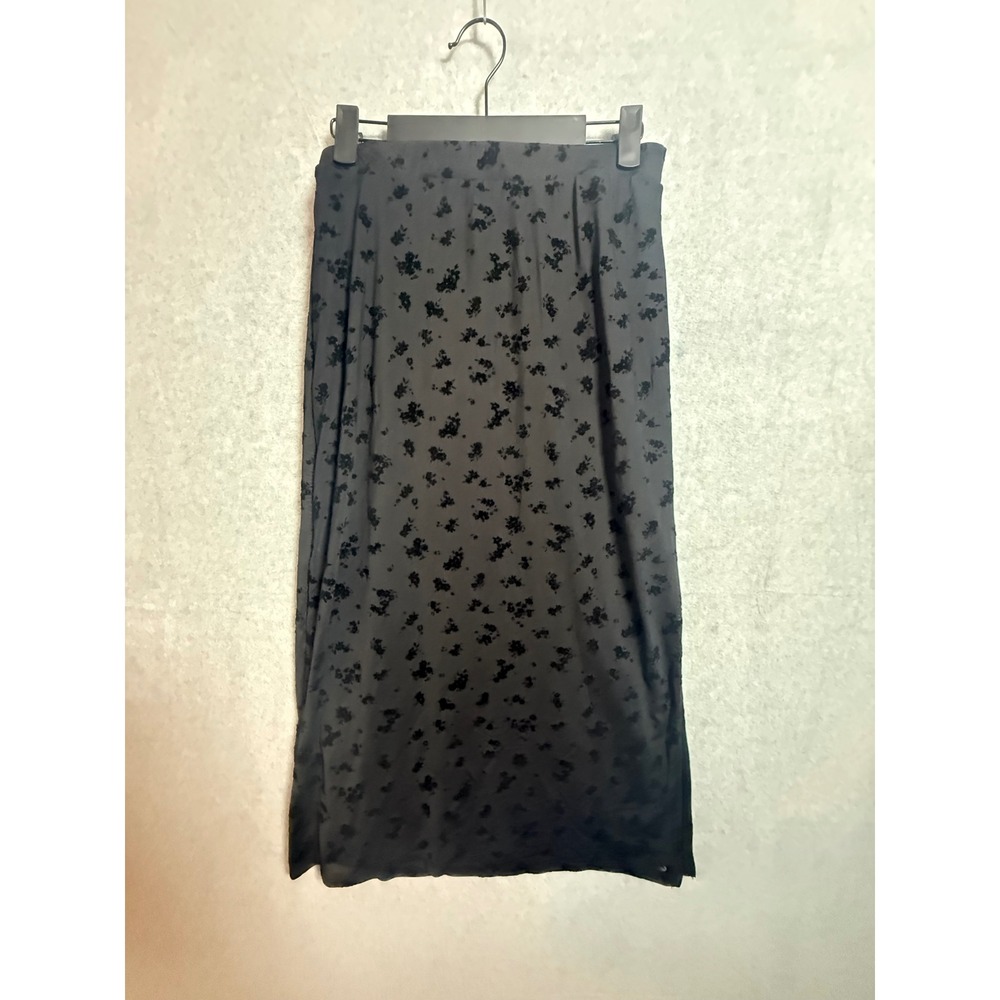 Francesca's Black Burnout Floral Midi Skirt Side Slit Elastic Waist 229168BFR M